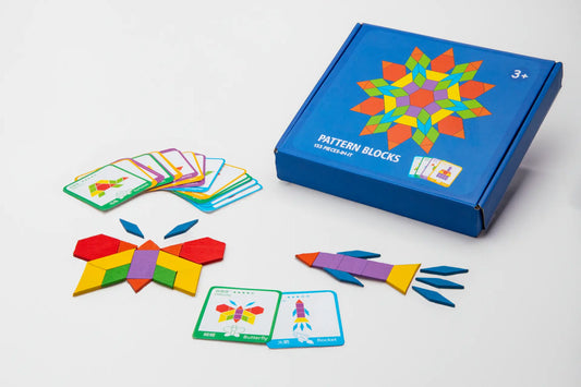 ChakaToys 155-piece Wooden Puzzle Pattern Blocks set showing colorful geometric shapes, design cards, and the storage bag.