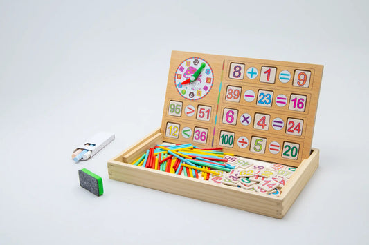 ChakaToys Montessori Wooden Math Learning Box - 3D educational counting set with numbers, symbols, and colorful sticks for kids.